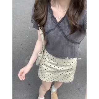 Ethelgirl Thời Trang Hàn Quốc Ren chắp vá Vneck thon gọn nữ vải All Match top