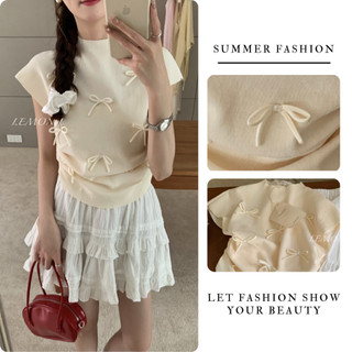 Mùa Hè Mới Pháp Cổ Nơ Ngọt Ngào Áo Len Ngắn Tay Nữ Slim Fit Giảm Béo Thanh Lịch Đa Năng Hàng Đầu Hợp Thời Trang