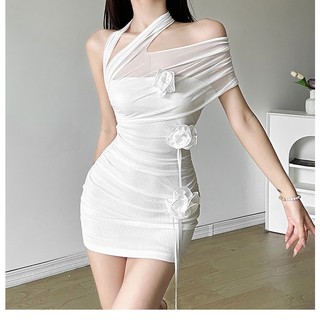 Cutenew Thanh Lịch Bất Đối Xứng Bodycon Đầm Nữ Mùa Hè Trắng 3D Hoa Trang Trí Dây Đầm