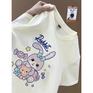 Phong cách Hàn Quốc dễ thương hợp thời trang ngôi sao Dailu họa tiết hoạt hình áo thun mơ Áo thun nữ cổ tròn mới đa năng hàng đầu 100% cotton