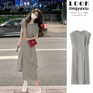 Tingyaxiu Áo thun nữ xẻ tà màu xám Đầm khí chất eo mỏng tay ngắn giản dị dài