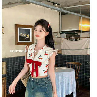 honypove Ngắn Cổ Chữ v Nhỏ Bay Tay Áo Sơ Mi Nữ Mùa Hè Áo Sơ Mi Ngoài Tính Khí Pháp Top