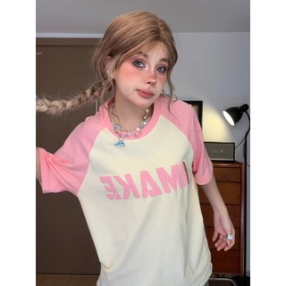 Áo thun tay áo raglan tương phản in chữ cổ điển Mỹ đa năng