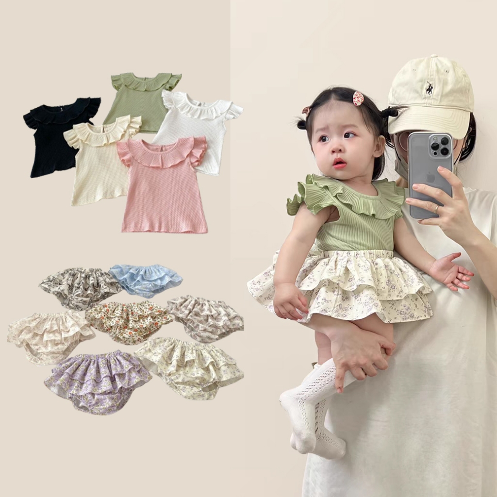 Ins Style Cotton Trẻ Sơ Sinh Bé Gái Quần Short Ren Hoa Và Đồng Bằng Áo Hai Bộ Mùa Hè 0-3 Tuổi Quần Á