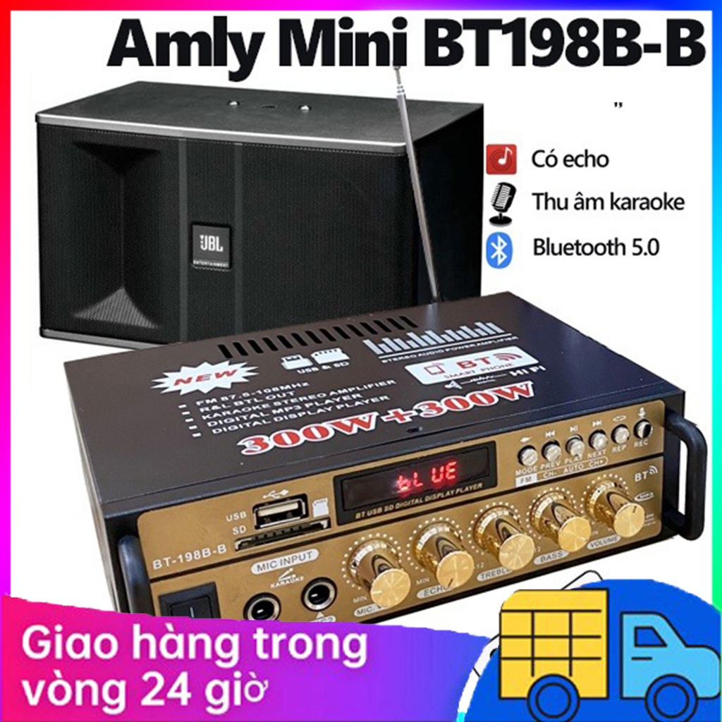 Amply Mini, Âm Ly Karaoke BT198B-B,Amply Bluetooth Mini,Amply Karaoke Gia đình Đa Năng Tích Hợp Fm,2 Cổng Mic Hát Công Suất Lớn,Amly Hát Karaoke