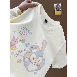 Nụ cười tình yêu thỏ StellaLou họa tiết hoạt hình áo thun trắng Áo thun nữ cổ tròn mới đa năng hàng đầu 100% cotton