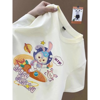 Mỹ hợp thời trang giản dị StellaLou tàu vũ trụ họa tiết hoạt hình áo thun trắng Áo thun nữ cổ tròn mới đa năng hàng đầu 100% cotton