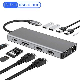 12in1 type c docking station usb c hub type-c sang dual hdmi 4k vga rj45 đầu đọc thẻ sd / tf hub usb3.0 cho máy tính xách tay bộ chuyển đổi usbc