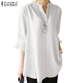 Áo Sơ Mi ZANZEA Cotton Dáng Rộng Tay Ngắn Cổ Chữ V Phong Cách Thường Ngày Dành Cho Nữ