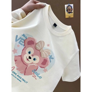 Gấu hồng dễ thương Daffy Bear họa tiết hoạt hình Áo thun trắng Áo thun nữ cổ tròn mới đa năng Áo thun cotton hàng đầu