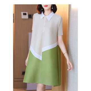 Miyake Phong Cách Nhăn Đầm Mùa Hè Bao Da Thịt Đơn Giản Phong Cách Mới Mỏng Hơn Nhìn Nữ Trung Dài Trắng Xanh Màu Phù Hợp Với Ve Áo Đầm Size Lớn Đi Lại Sang Trọng