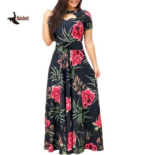 Đầm QUIXLENT In hoa Thiết kế eo bó sát Váy dài nữ tay ngắn hàng ngày