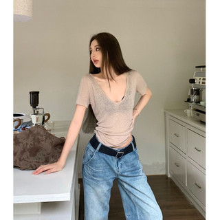 「Nonfatgirl」Thời Trang Mỹ Hot Girl Màu Trơn Ôm Hơn Nhìn Cổ Chữ V Áo Thun Top Mỏng Rời Tay Ngắn Top