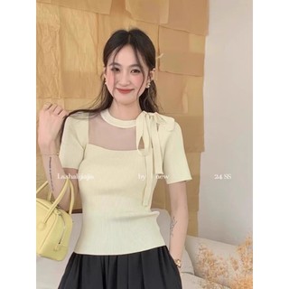 Áo thun nữ tay ngắn dệt kim lụa băng màu vàng