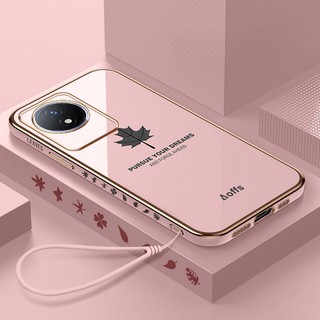 Ốp điện thoại mạ cạnh thẳng cho vivo y02t y02 y02a y03 4g vỏ bảo vệ camera chính xác vỏ họa tiết lá phong có dây buộc miễn phí