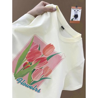 Phong cách Hàn Quốc thời trang giản dị màu hồng hoa tulip họa tiết hoa mơ Áo thun nữ cổ tròn Áo thun cotton nguyên chất mới đa năng hàng đầu