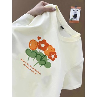 Phong cách Hàn Quốc giản dị tươi mát mùa xuân bốn hoa họa tiết hoa áo thun nữ cổ tròn Áo thun cotton nguyên chất mới đa năng hàng đầu