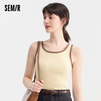 Semir [Phong cách tương tự trong trung tâm mua sắm] Mori Vest Nữ Cổ Tròn Ngắn Phù Hợp Với Mùa Hè 2024 Phong Cách Mới Màu Sắc Tương Phản Skinny Chui Đầu Thon Gọn Hơn