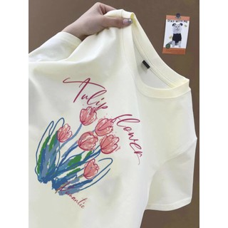 Phong cách Hàn Quốc tươi mát lãng mạn hoa tulip họa tiết hoa mơ Áo thun nữ cổ tròn Áo thun cotton nguyên chất mới đa năng hàng đầu