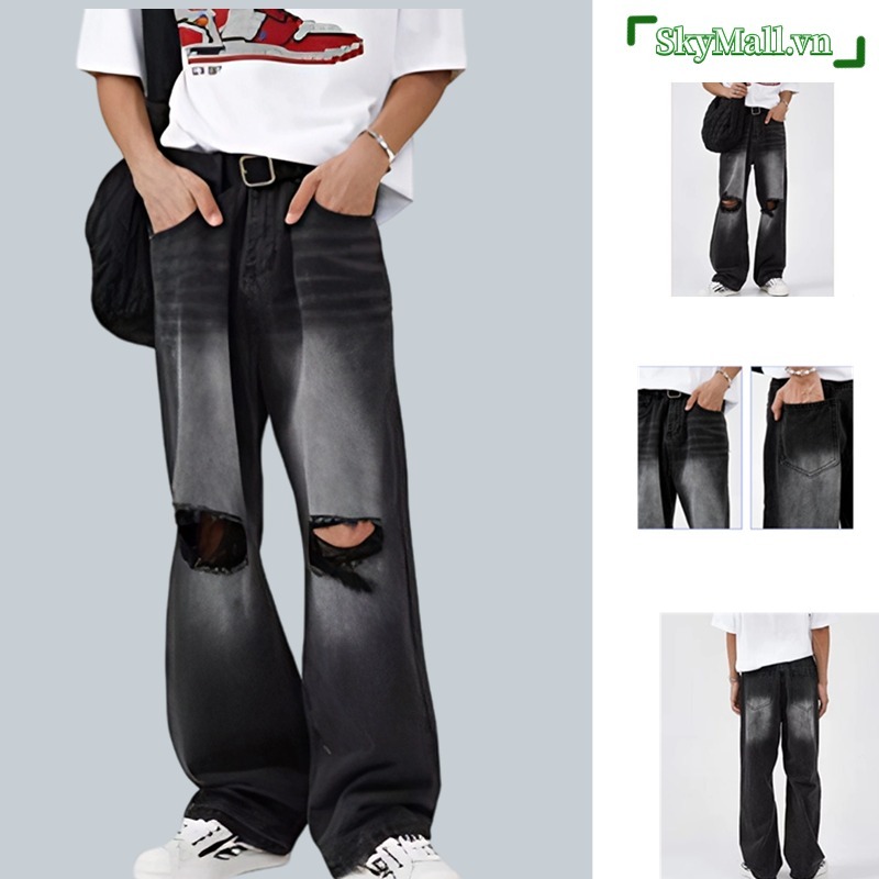 Quần Jean nam retro Mỹ quần jean nam rách gối from rộng quần jean ống rộng hiphop quần jean nữ rách gối