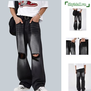 Quần Jean nam retro Mỹ quần jean nam rách gối from rộng quần jean ống rộng hiphop quần jean nữ rách gối