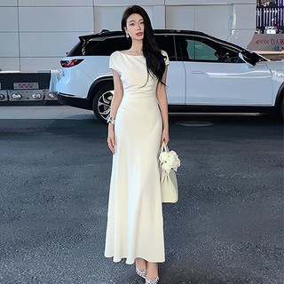 Tiệc đảng pháp váy dài gợi cảm cho nữ ôm eo hẹp thiết kế cao cấp màu trơn cổ tròn tay ngắn giữa