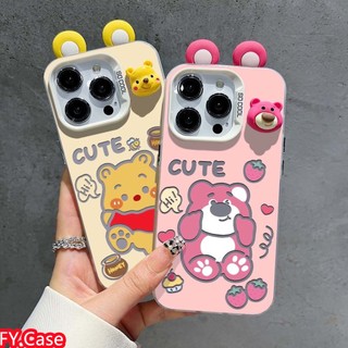 Tai Gấu Winnie Dễ Thương Cho iPhone 15 15 Pro 14 14 Plus 13 Pro 12 11 Pro Max 3D Dâu Gấu Trọn Gói Silicon Mềm Chống Sốc Vỏ Điện Thoại