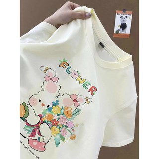 Chú thỏ dễ thương với hoa họa tiết hoạt hình áo thun mơ Áo thun nữ cổ tròn Áo thun cotton đa năng mới