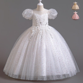 3-14 Cô Gái Dài Đầm Puff Tay Công Chúa Kim Sa Lấp Lánh Váy Cho Bé Giáng Sinh Halloween Trang Phục Sinh Nhật Trẻ Em Sàn Catwalk Thể Hiện Màu Hồng Trắng Áo Choàng Vàng