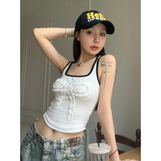 QKOOLE Mới Hàn Quốc Cô Gái Cay Trắng 3D Nơ In Hình Thời Trang Cổ Chữ U Gợi Cảm Tank Top