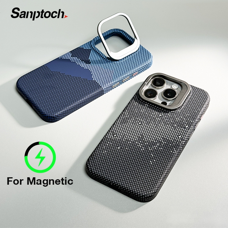  Sanptoch Cho Magneti Vô Hình Đứng Ốp Lưng Điện Thoại iPhone 16 15 14 13 Pro Max Pixel Kết Cấu Sợi Carbon Chống Sốc Vỏ Cứng Cho iPhone 16 Pro Max Matte Thân Thiện Với Da Protectio 