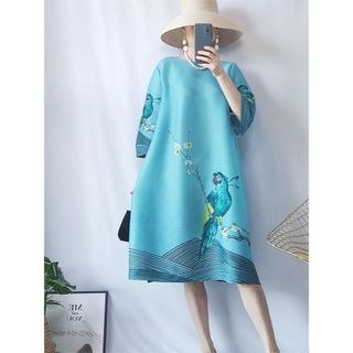 Miyake Phong Cách Xếp Ly Nhăn Đầm Xuân Hè Mới Retro Sang Trọng Đầm Thanh Lịch Xanh Xanh Dương Thời Trang In Kích Thước Lớn Đầm Rời