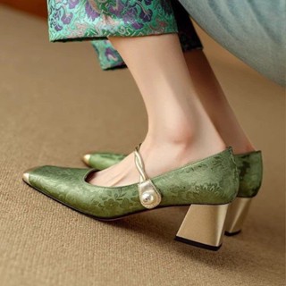 Sweetc Mary Jane Giày Nữ Mũi Vuông Trung Quốc Retro Nổi Lụa Colorblock Khối Giày Cao Gót