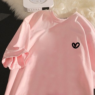 Áo thun cotton nguyên chất phong cách đơn giản Hàn Quốc thời trang nữ Họa tiết tình yêu oversize dáng rộng màu hồng cổ tròn tay ngắn