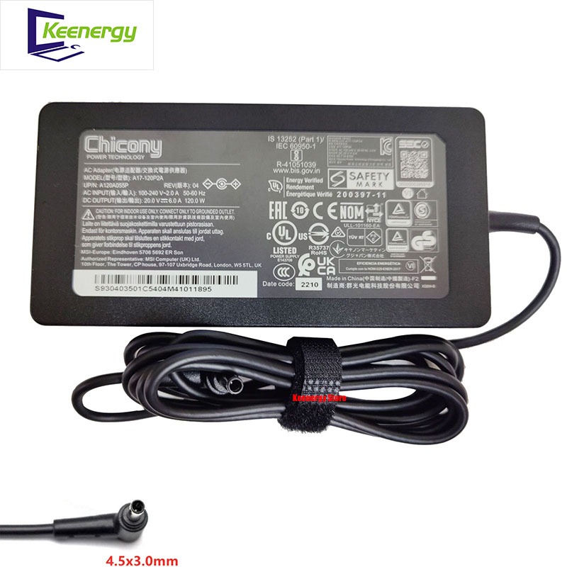 Msi GF63 Thin 120W 20V 6A Laptop Adapter 4.5 * 3.0mm Pin Cho Mỏng 10SC-222 10SC-039 10SC-035US Máy T