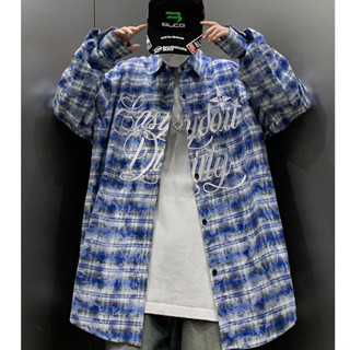 Mỹ Retro Chữ Thêu Kẻ Sọc Áo Sơ Mi Nam Xuân Hè Dạo Phố Cao Cấp Ruffian Đẹp Trai Áo Sơ Mi Nam 2024 Áo Sơ Mi Dài Tay Áo Khoác Nam M-2XL