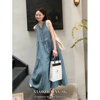 Xiaozhainv Hàn Quốc Quần Áo Nữ Mặc Thời Trang Rời Cổ Chữ V Giả denim Không Tay Dây Đầm