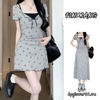 Pinxiang Nữ Mới Váy Ngắn Eo Giảm Béo Nơ Váy Ngắn Tay Chữ A