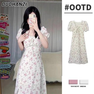 Duohanzi Đầm Nữ Mùa Hè Mới Retro Đầm Hoa Eo Giảm Béo Ren Tay Phồng Váy