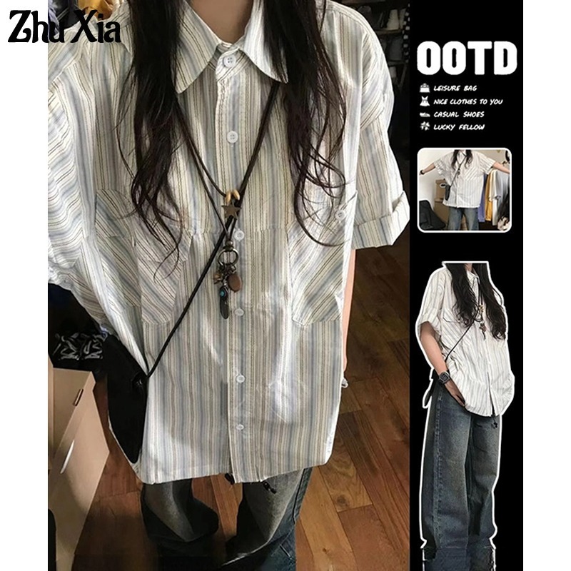 Áo sơ mi nữ Zhu Xia Nhật Bản thiết kế sọc sinh viên phong cách retro dáng rộng áo sơ mi ngắn tay