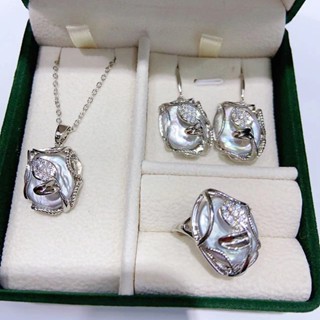 Hình vuông Baroque Bông tai ngọc trai ngọt Vòng mặt dây chuyền Bộ ngọc trai ba mảnh