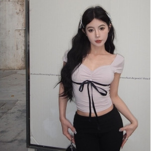 NZN Phiên bản Hàn Quốc của áo thun ngắn tay cổ chữ V hở lưng nữ Cay Girl gió Slim mỏng đoạn ngắn áo