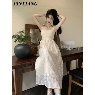 Pinxiang Nữ mới thêu ngọt ngào váy treo xếp ly váy dài eo giảm béo