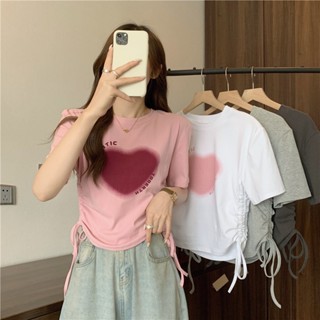 Áo Thun Nữ Rút Dây Tay Ngắn Cổ Tròn Ôm Body Áo Croptop In Tình Yêu