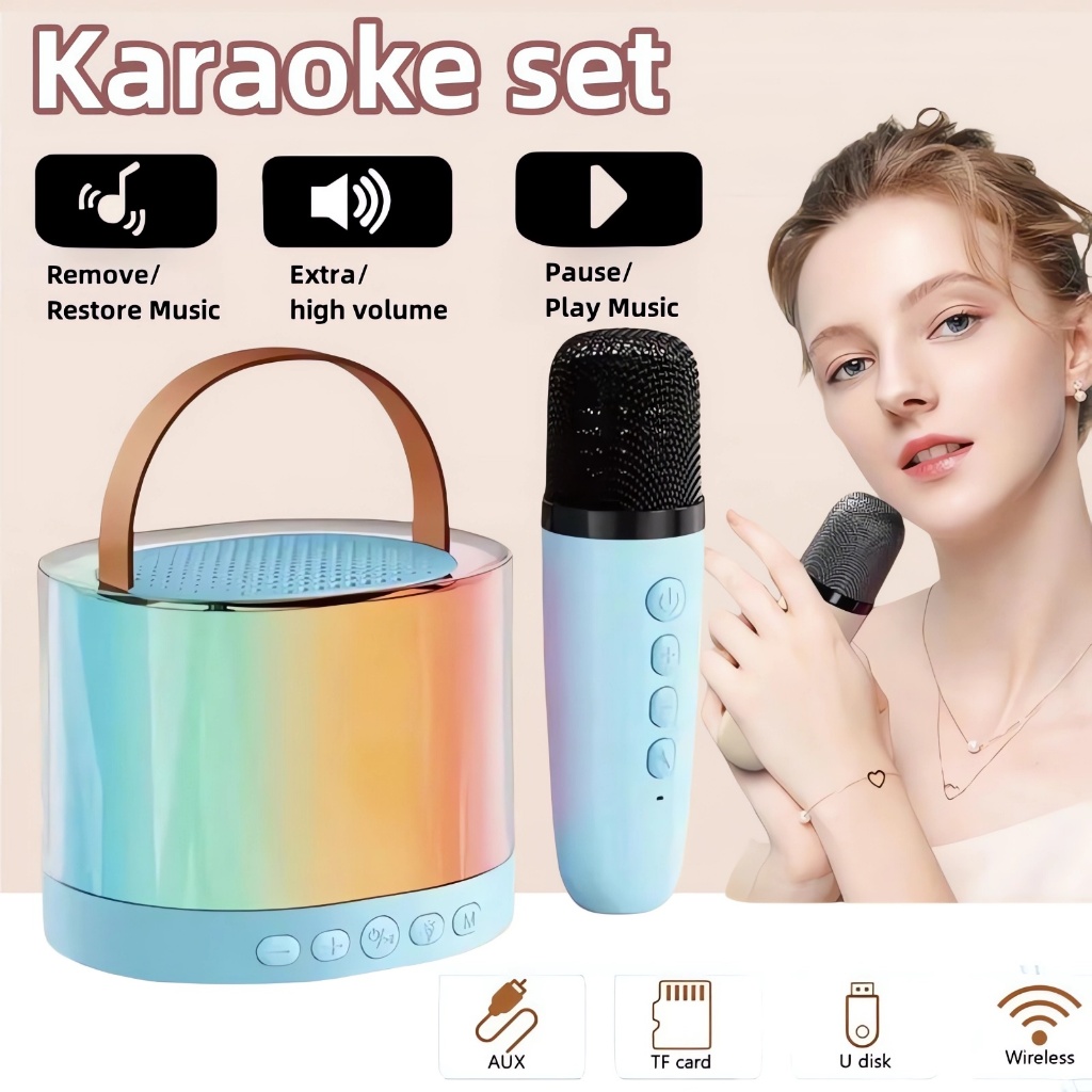 loa karaoke mini  Không Dây Kèm 2 Mic Có LED RGB Rực Rỡ Siêu Xinh Âm Thanh Hay Bass Chuẩn Tặng Kèm Loa Bluetooth