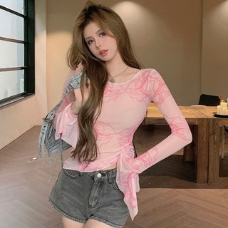 Áo thun nữ mỹ vintage in sheer lưới slim fit sừng tay áo thun tay dài chống nắng áo sơ mi