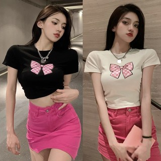 Áo Croptop Nữ Mùa Hè Cổ Tròn Nơ In Hình Ôm Thường Ngày Đa Năng Lộn Rốn Áo Thun Tay Ngắn Top