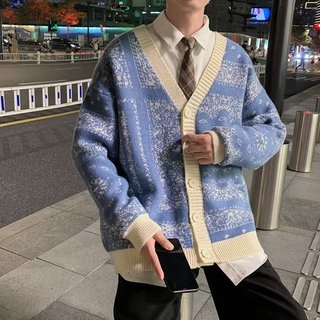 Áo khoác cardigan dài tay cổ chữ v in họa tiết phong cách cổ điển Nhật Bản dành cho nam