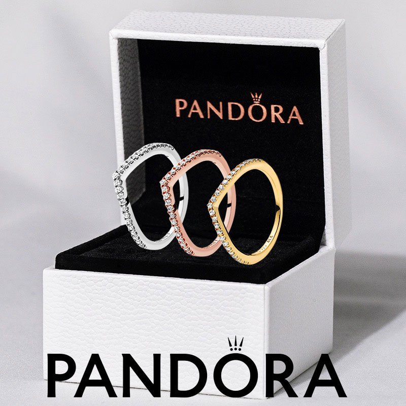 Nhẫn bạc PANDORA S925 100% cặp Pandora Sparkling Wishbone Ring