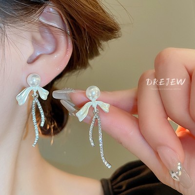 DREJEW 925 kim bạc gió lạnh nơ kim cương bông tai ngọc trai đơn giản bông tai cao cấp nhẹ nhàng Hàn Quốc bông tai khí chất sang trọng dành cho nữ không gây dị ứng